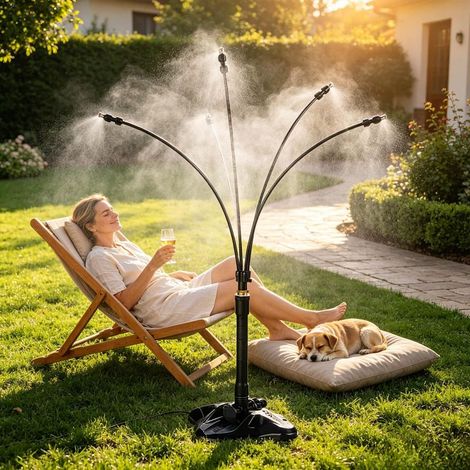 Brumisateur Terrasse, Réglable Brumisateur Exterieur sur Pied 4 Buses, Flexibles Trepied Hauteur Reglable Stable Portable Installation Rafraichissement par Eau pour Terrasse Jardin Fete