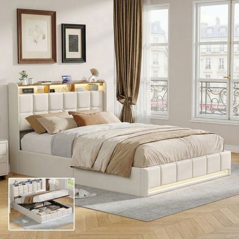Cama lit 140x190 - POCKETPOP - almacenamiento hidráulico - LED integrada y puertos USB - Somier de lamas (1/5)