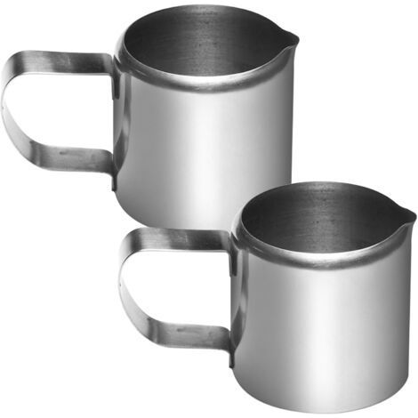 Juego de 2 jarras de leche de acero inoxidable, mini jarras multifuncionales para café, espresso, té, hogar, barista (1/5)