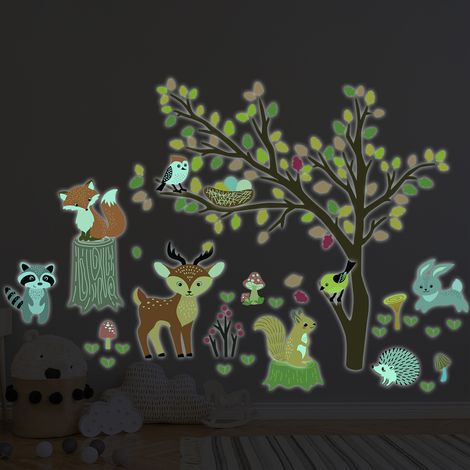 Sticker phosphorescent lumineux - ANIMAUX EN FORÊT D'AUTOMNE - Autocollant mural plafond enfant fluorescent - 30x40cm (1/5)