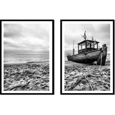 BILDPOSTER IM RAHMEN 53x73cm Diptychon Set mit 2 Gemälden Boot Meer P2151 (1/3)