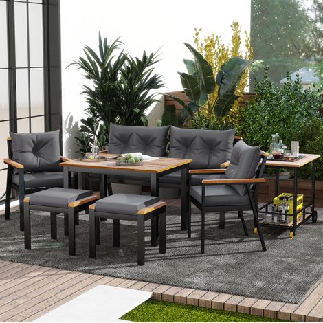 Set di mobili da giardino in legno di acacia naturale e metallo nero/grigio, 6-7 posti con tavolo, carrello removibile e cuscini (1/5)