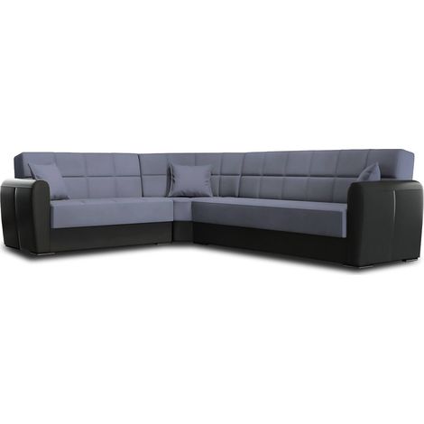 Dmora - Divano letto con penisola Gaillardia, Divano contenitore ad angolo in ecopelle e tessuto, Sofà con apertura click-clack, 305x238h91 cm, Nero e Grigio