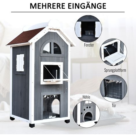 Niche extérieure pour chat, maison à deux niveaux en bois de sapin, résistante aux intempéries avec toiture en bitume, grise, 59 x 55 x 109 cm (1/4)