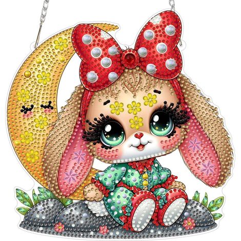 Diamond Painting Anhänger Hase Mond mit Kette, Fensterbild Bastelset 20x20cm (1/4)