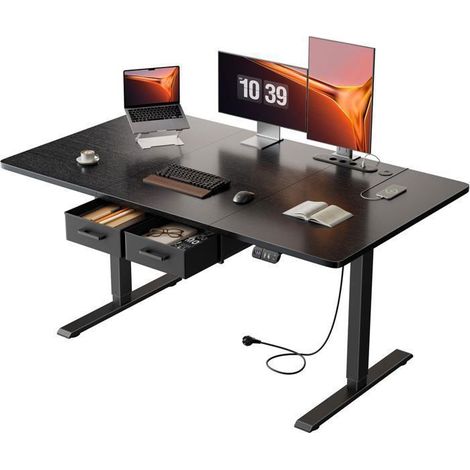 EcoFurnix Electric Standing and Sitting Desk, 140 x 80 cm, with Integrated Power Outlet, 2 Removable Drawers, USB-C Port, Black