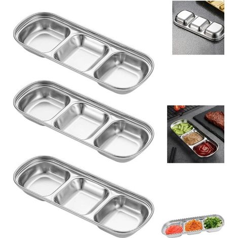 3 teiliges Edelstahl Schalenset für Sojasauce, Ketchup, Gewürze und Sushi Dip Schalen mit 3 Fächern (1/5)