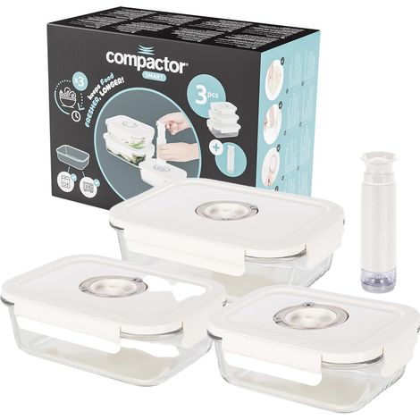 Lot de 3 boîtes sous vide alimentaire en verre avec couvercle hermétique - Pompe manuelle incluse - Dateur intégré - Compatibles micro-ondes et lave-vaisselle - Fraîcheur prolongée (1/5)