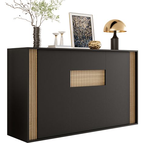 Buffet 3 portes avec 1 tiroir, LED réglable et rangement spacieux, meuble noir effet bois pour salon, entrée ou salle à manger, 140 x 40 x 82 cm  CHICFURN (1/5)