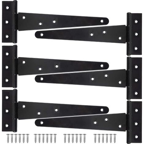 KAHEIGN Juego de 6 bisagras en forma de T para cobertizos, bisagras de hierro y metal resistentes de 25 cm para puertas de jardín, bisagras de correa en T inoxidables para puertas de cobertizos y gran (1/5)