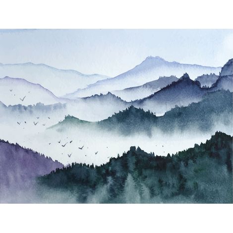 papier peint panoramique montagnes avec des arbres bleu et vert - Sanders & Sanders (1/5)