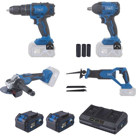 Scheppach – Pack de 4 outils électroportatifs 20V – 2 batteries 4Ah et chargeur double inclus – Moteurs brushless pour performance optimale