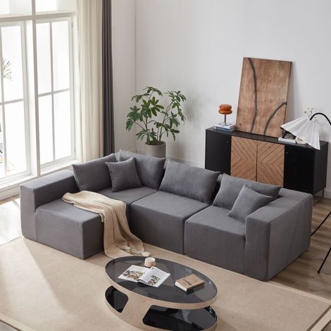 Canapé modulable d’angle 4 places en velours côtelé beige, canapé panoramique L avec assise profonde et combinaison libre - Gris (1/5)
