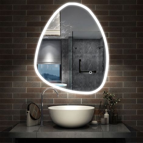 Acezanble Irregular LED Bathroom Mirror with 3 Colour Lights 55x80cm Illuminated Wall Mirror with Demister Memory Function Dimmable Touch Switch