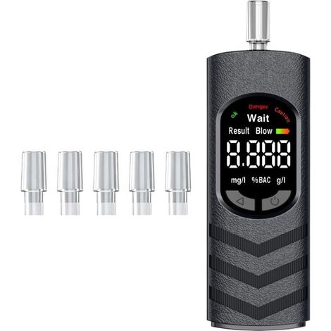 Alcoholímetro digital con 5 boquillas  Dispositivo de bolsillo recargable con pantalla LCD para la seguridad vial (1/5)
