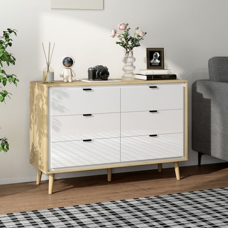 Commode avec 6 tiroirs en bois pour chambre à coucher, 110x40x75 cm, blanc brillant et chêne (1/5)