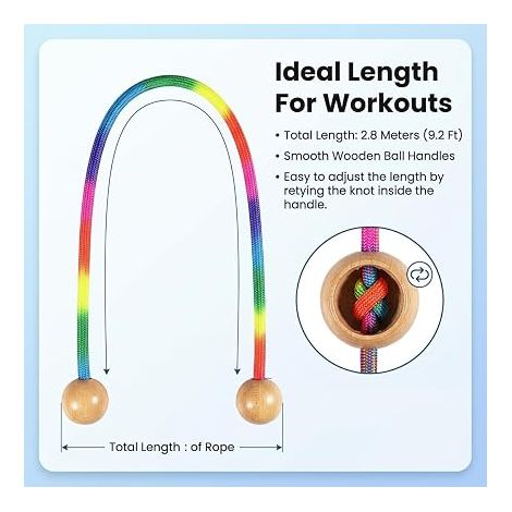Children's Skipping Rope 2.8 m Rainbow Adjustable with Wooden Handle Braided Cotton Rope for Boys Girls Fitness Training Exercise Outdoor Activities Outdoor Play (1/4)