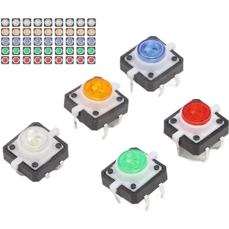 50 Stück Mini-Momentan-Drucktaster, rückstellbar, rot, gelb, blau, grün, weiß, mit LED-Lampe, 12 V DC (1/5)