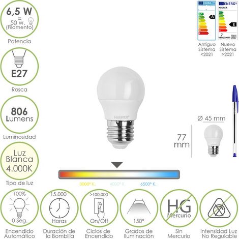 Bombilla Led Esfera Rosca E27. 6.5 Watt. Equivale A 50 Watt. 806 Lumenes. Luz Neutra 4000º K.