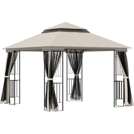 Gazebo da giardino 2,99 x 2,99 m con doppio tetto e 4 pareti laterali in metallo e poliestere beige (1/5)