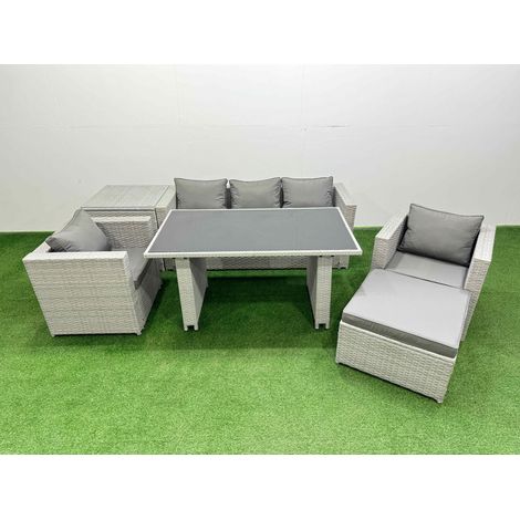 Fimous Patio Garden Furniture Sets with Black Glass Top Dining Table Armchair 3 Seater Sofa Side Table Big Stool Light Grey (1/4)