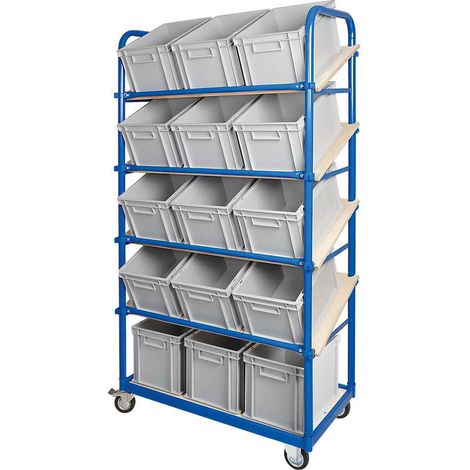 BRB Schrägboden-Regalwagen mit 5 Ebenen, bestückt mit 15 Euroboxen 400x300x235 mm grau (1/3)