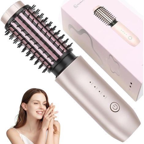 Brosse à friser sans fil, brosse lissante et fer à friser 2 en 1 sans fil, mini fer à friser portable de voyage 7000 mAh, fer à friser rechargeable aux ions négatifs, 150℃-210℃ (Rose) (1/5)