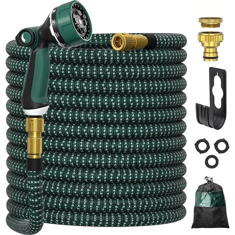 Tuyau d'arrosage, ULTTY Tuyau d’arrosage Extensible avec 1/2" et 3/4" Adaptateurs, 10 Modes d'Arrosage, Latex Triple Épaisseur Durable avec Raccords en Métal et Sac, 15m Vert (1/5)