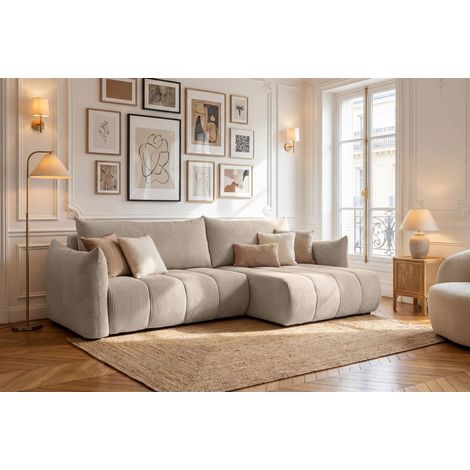Ecksofa Schlafsofa ONTARIO in Stoff Poso Beige Ottomane Rechts