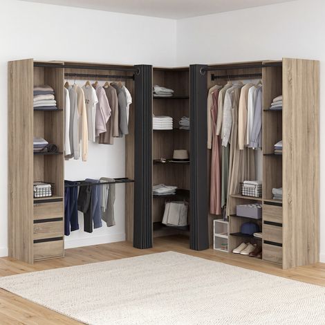 Vestidor esquinero extensible MARLON, 220 x 220 x 180 cm, de haya, con percheros, barra para pantalones, estantes, cajones y cor (1/5)