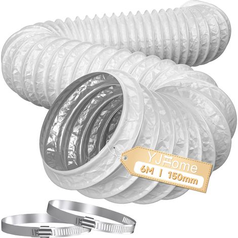 Tuyau d'évacuation de 150 mm, 6 m de long, tuyau flexible avec 2 colliers de serrage, tuyau en PVC pour hottes aspirantes, sèche-linge, ventilateur d'extraction et système de ventilation (1/5)