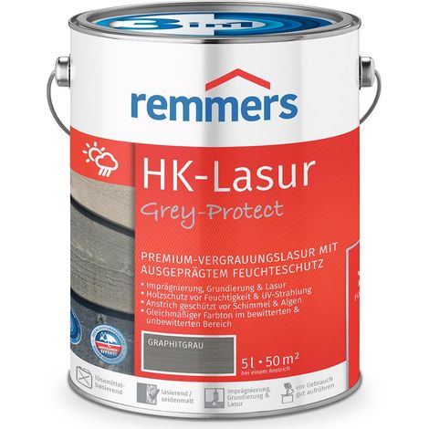 Remmers HK-Lasur 3in1 Grey-Protect graphitgrau, 5 Liter, Holzlasur für Vergrauung außen, 3 Holzschutz Produkte in einem, Feuchtigkeit- und UV-Schutz