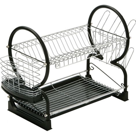 PREMIER Housewares 0509635 Scolapiatti, 2 Ripiani, Vasca di Gocciolamento Rimovibile, Cromo/Smalto, Nero (1/5)