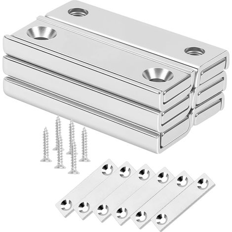aimants néodyme rectangulaires avec trou fraisé et vis, force d’adhérence jusqu’à 31,8 kg, aimants de montage pour atelier et maison, Argent, lot de 6 (1/5)