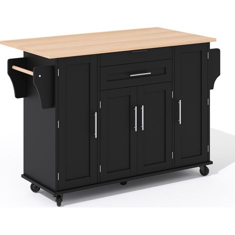 Îlot de cuisine mobile avec plan de travail extensible 136 x 70 x 92 cm, MDF, noir et naturel (1/5)