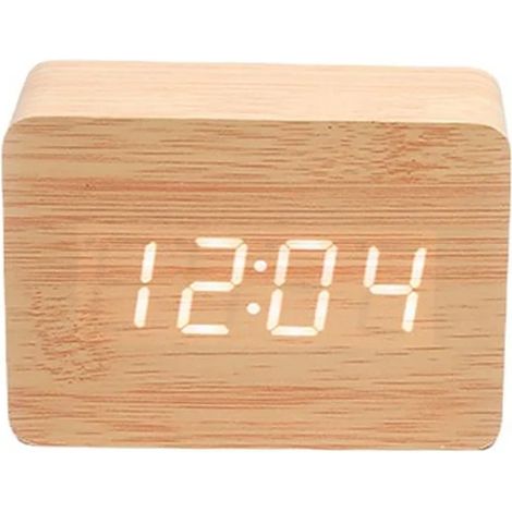 Réveil numérique en bois (couleur bambou) avec affichage de la température et finitions en bois de style vintage. (1/5)