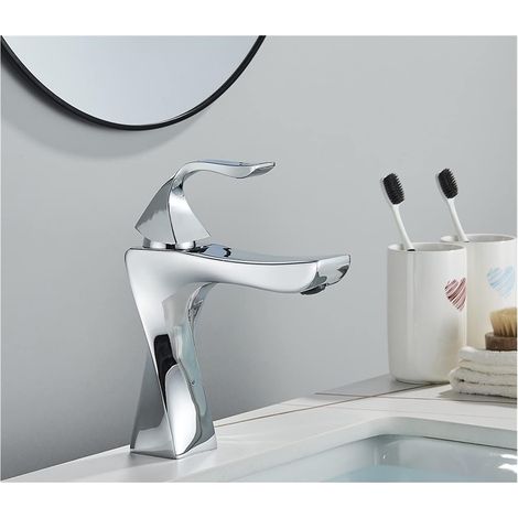 Chrome Brillant Salle de Bain Bassin Robinet Cascade Eau Chaude Eau Froide mélangeur Tap Levier Simple mélangeur Noir Robinet for Salle de Bain(I) (1/5)