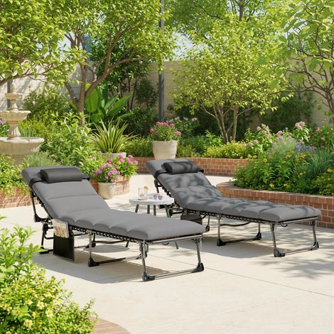 Lot de 2 Bains de Soleil Transat de Jardin Matelas XXL 9cm Inclinable 180° Plat Pliable à 5 Positions 200x57x38cm Gris