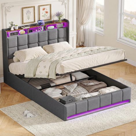 Cama Canapé Abatible 140x190 cm, Cama Doble con LED y USB – Somier de Láminas Incluido, Tapizado en Lino, Estilo Nórdico, Gran Almacenaje – Gris (1/5)