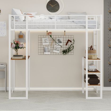 Letto rialzato bambini 90x190 cm con scrivania e ripiani aperti portaoggetti, in metallo, senza materasso, bianco (1/5)