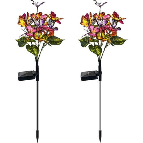 Lot de 2 lampes solaires papillon avec panneau solaire, étanches IP65, pour jardin, terrasse, cour ou allée.