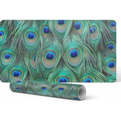Alfombrilla protectora para escritorio, teclado y ratón con estampado de plumas de pavo real, 90x45 cm. (1/5)