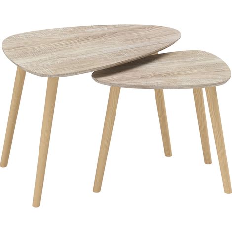 Lot de 2 tables basses gigognes scandinaves avec plateau et pieds en bois massif, design naturel. (1/5)