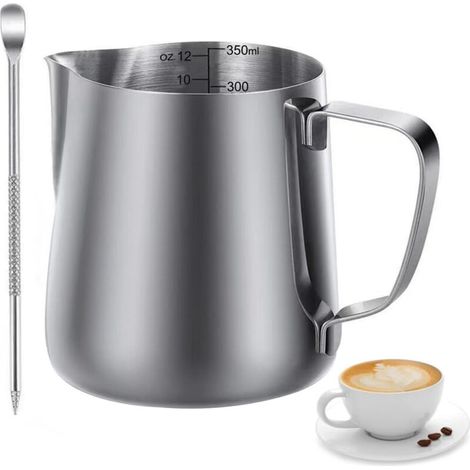 350 ml Milchkännchen aus Edelstahl, 12 oz Aufschäumkrug mit Milchaufschäumbecher, Kaffeetasse mit Messmarkierung, Handmilchkännchen für Espresso, Latte Art, Kaffeeliebhaber (1/4)