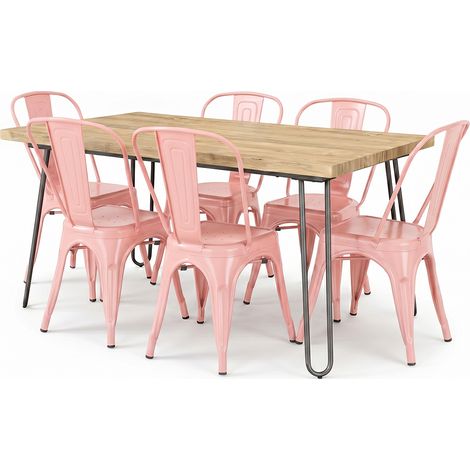 Pack Dining Table - Industrial Design 150cm + Pack of 6 Dining Chairs - Industrial Design - Hairpin Stylix Pastel orange