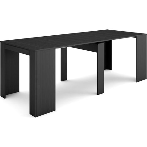Skraut Home – Table console extensible 222x90cm – Mécanisme télescopique en aluminium – 10 places – Finition noir veinée bois (1/5)