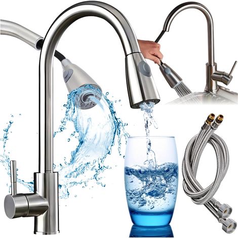 Grifo de cocina con caño extraíble, acero inoxidable, flexible, móvil, color plata.