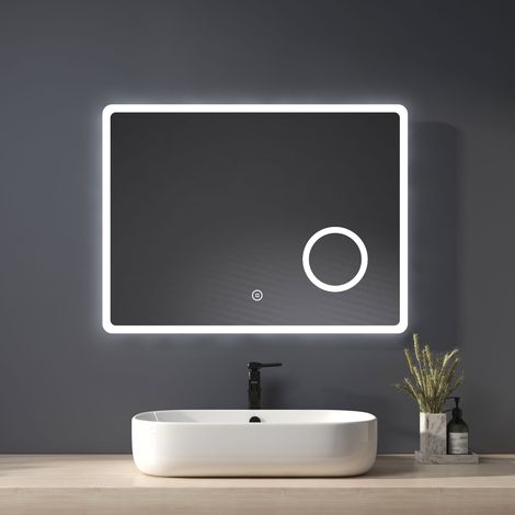 Heilmetz Backlit Illuminated Bathroom Mirror with Shaver Socket 800×600mm, Wall Mounted Multifunction LED Bathroom Vanity Mirror with Touch Switch + Demister + 3-Fold Magnification (1/4)