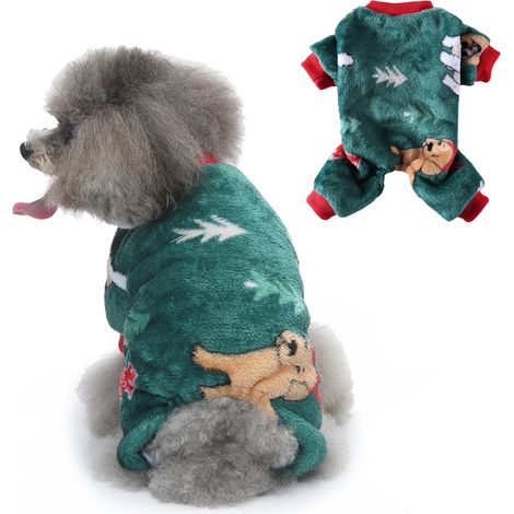 1 pièce Tenue de Noël pour chien et chat, pyjama hivernal en polaire, pull costume festif vert, vêtements pour petits chiens et chats (1/5)