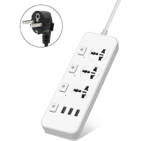 Multiprise parafoudre 5V 2,1A avec 3 prises et 3 ports USB, blanche. (1/5)